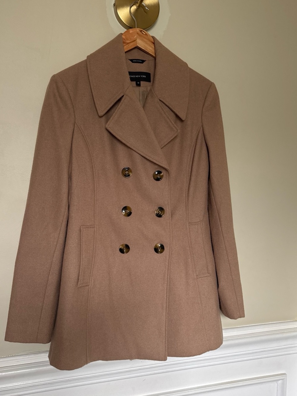 Jones New York Women's Double-Breasted Tan Wool Blend Pea Coat